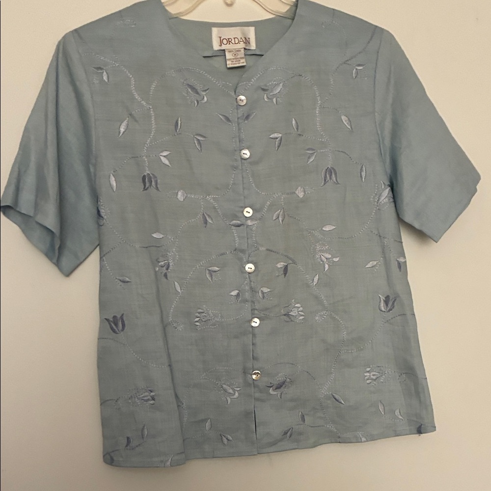Jordan Light Blue Embroidered Button-Up Blouse